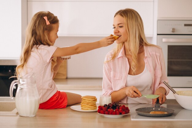 Mother and daughter baking pancakes