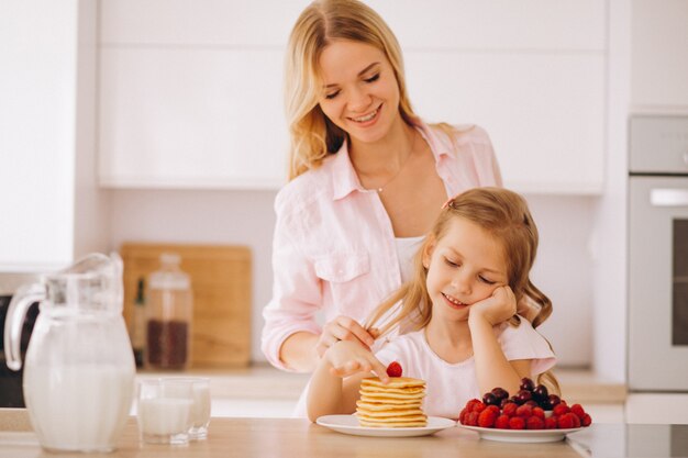 Mother and daughter baking pancakes