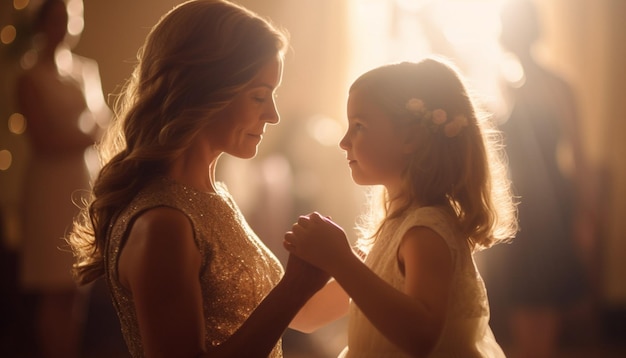 Mother and daughter bond in sunset playtime generated by AI