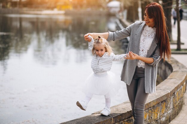 Mother and daughter by lake