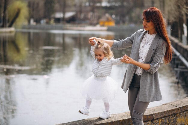 Mother and daughter by lake