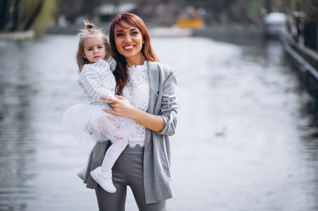 Mother and daughter by lake