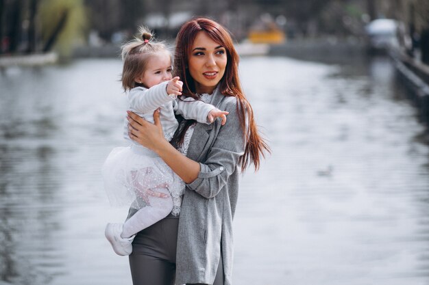 Mother and daughter by lake