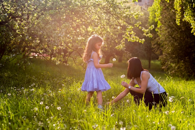 Mother and daughter collecting dandelion flowers in the park