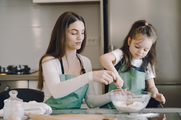 Mother and daughter cook the dough for cookies