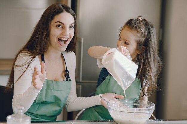 Mother and daughter cook the dough for cookies