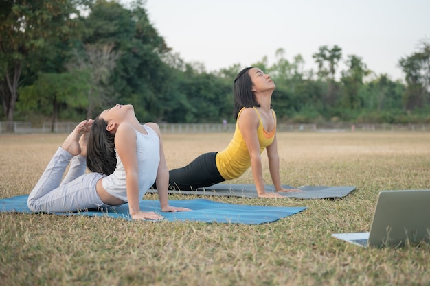 Mother and daughter doing yoga. woman and child training in the park. outdoor sports. healthy sport lifestyle,watching yoga exercises online video tutorial and stretches chest and spine.