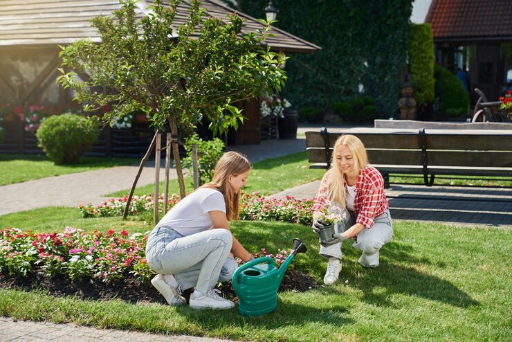 Free Photo mother and daughter in gloves planting flowers at garden