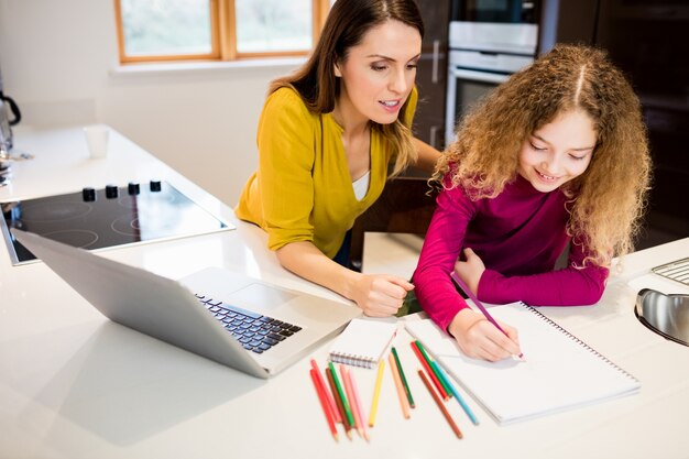 Mother and daughter helping daughter with her homework