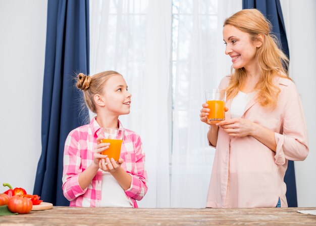 Mother and daughter holding glass of juice in hand looking at each other