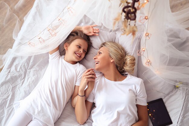 mother and daughter at home