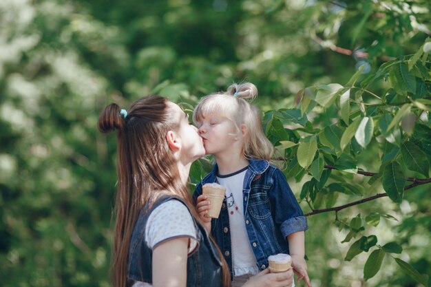 Mother and daughter kissing in the mouth