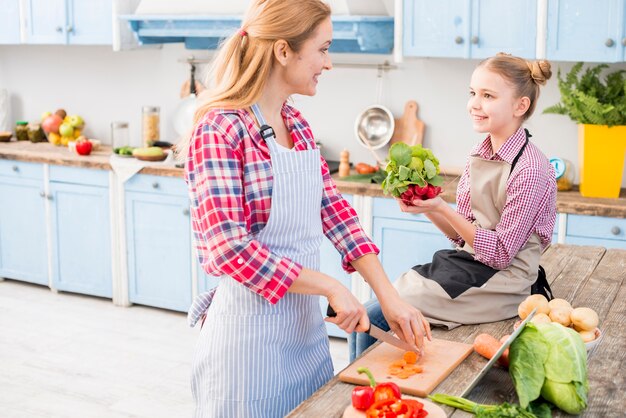 母と娘が台所で食べ物を準備しながらお互いを見て