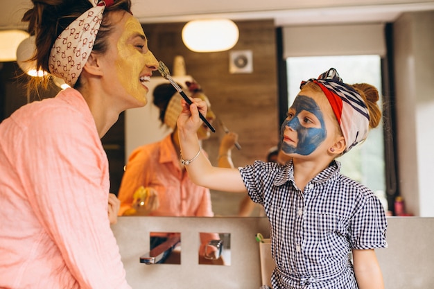 Mother and daughter making masks home