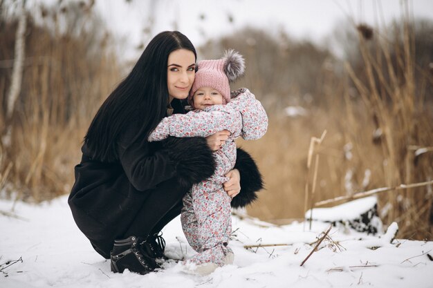 Mother and daughter outside in winter