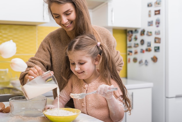 Mother and daughter pouring milk into bowl