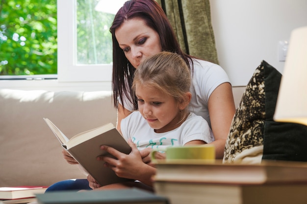 Mother and daughter reading book