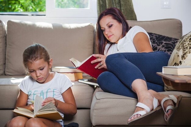 Mother and daughter reading books