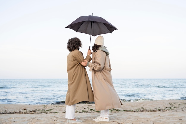 Mother and daughter sharing a tender moment while on the beach under an umbrella