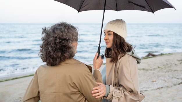 Mother and daughter sharing a tender moment while on the beach under an umbrella