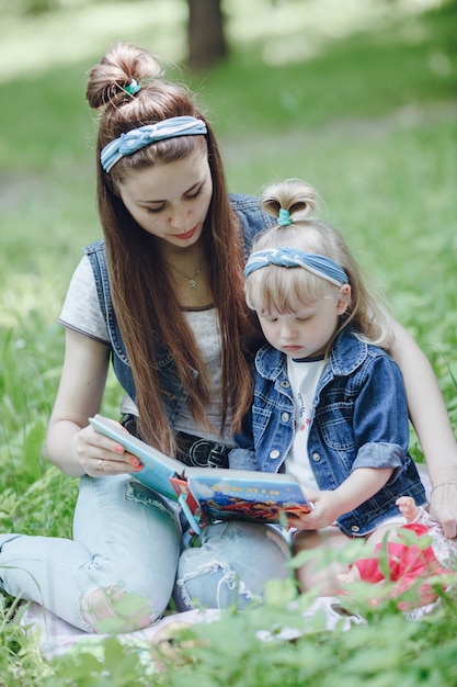 Mother and daughter sitting on the floor reading a book