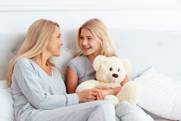 Mother and daughter sitting in pajamas