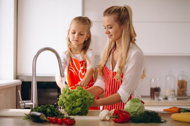 Mother and daughter washing vegetables