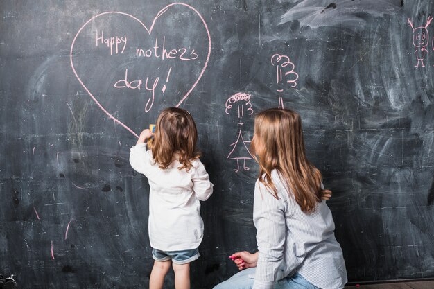 Mother and daughter writing Happy Mothers Day on chalkboard 