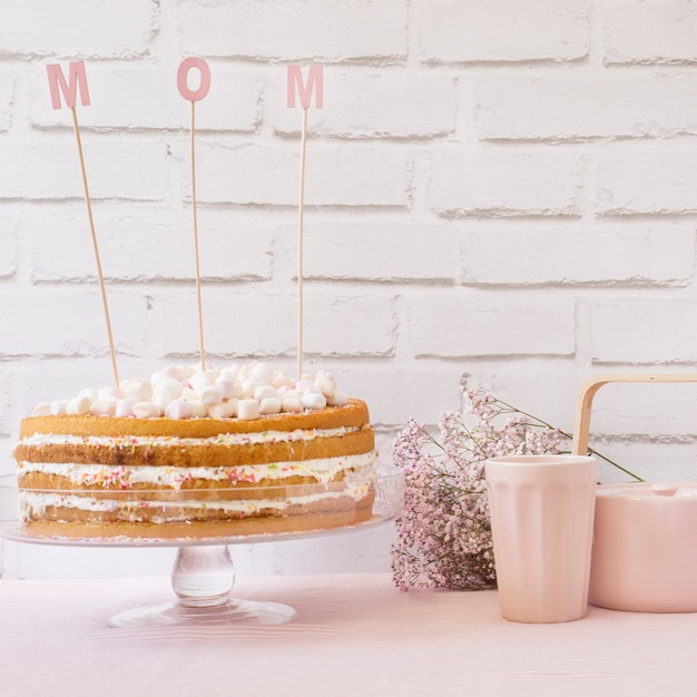 Mother day concept with cake and tea set