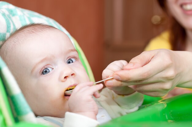 Mother feeding  daughter with spoon