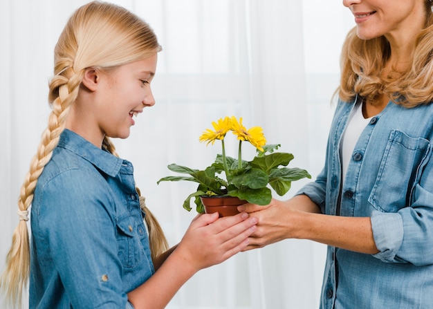 Free photo mother giving to daughter flower pot