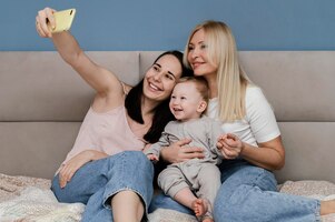 Mother and grandmother taking selfie with child