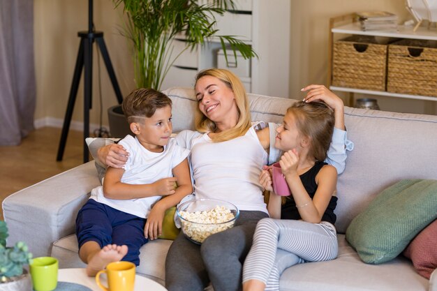 Mother and her children spending time together high view