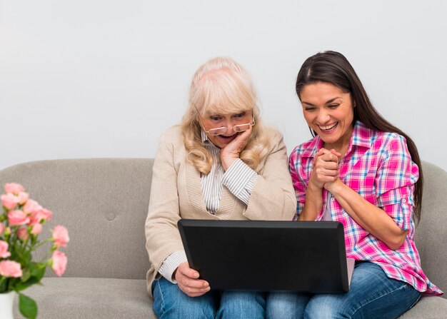 Mother and her young daughter sitting together on sofa looking at laptop