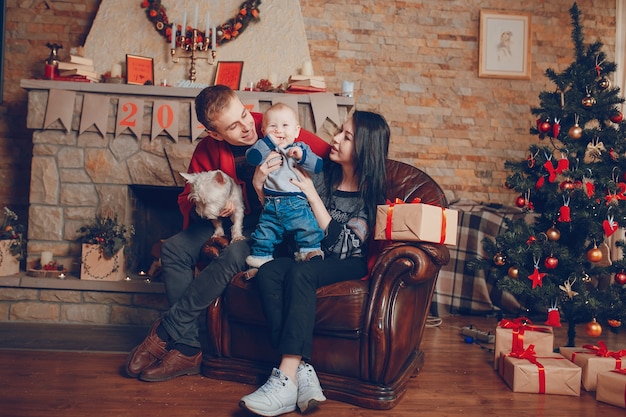 Mother lifting baby up while father holds dog on knees