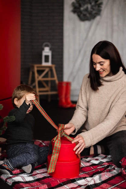 Mother playing with young boy