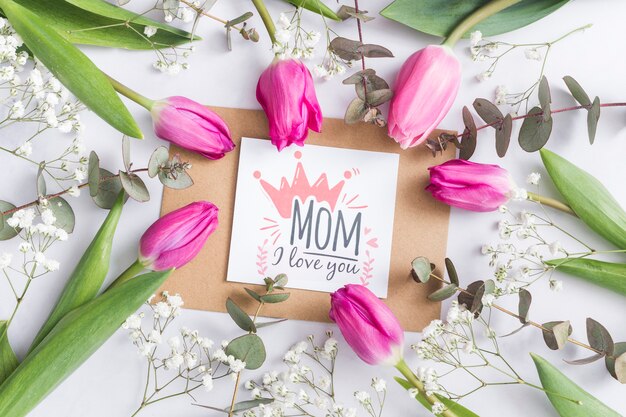 Mother's day card surrounded by tulips