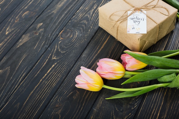 Mother`s day gift box and tulips