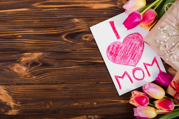 Mother`s day postcard and flowers