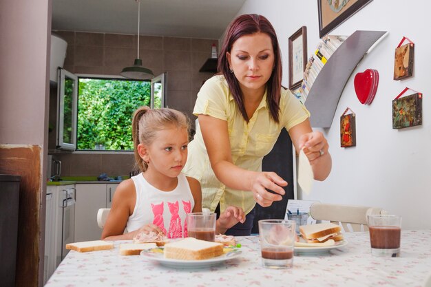 Mother serving breakfast for girl