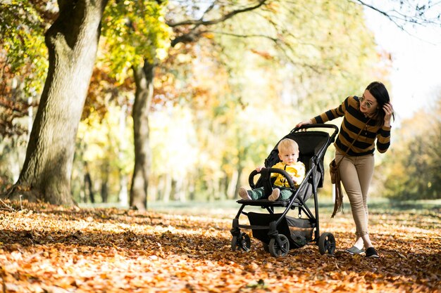 Mother and son in autumn park