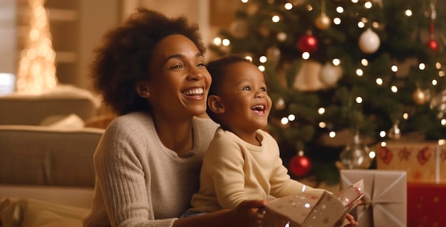 Free photo mother and son excited about christmas presents