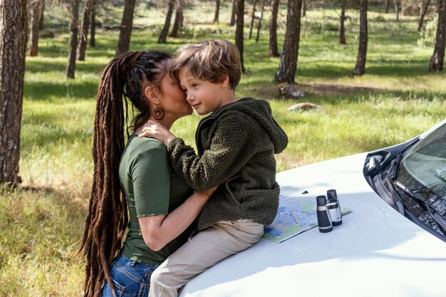 Mother and son hugging