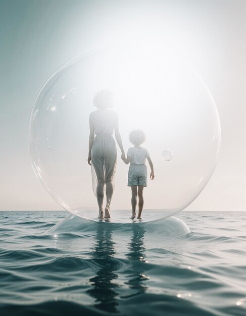 Mother and son inside a bubble over the sea