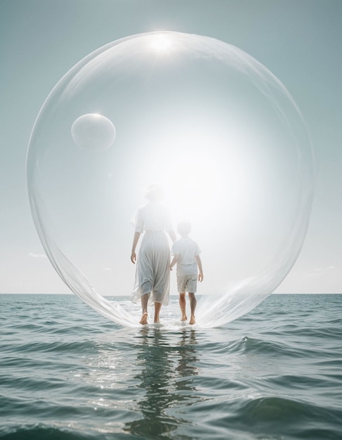 Mother and son inside a bubble over the sea