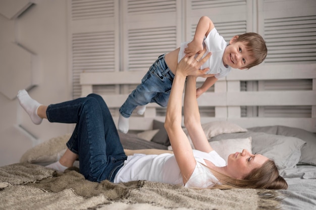 Mother and son playing