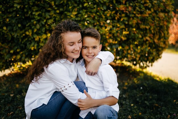 Mother and son spend time outdoors in the park