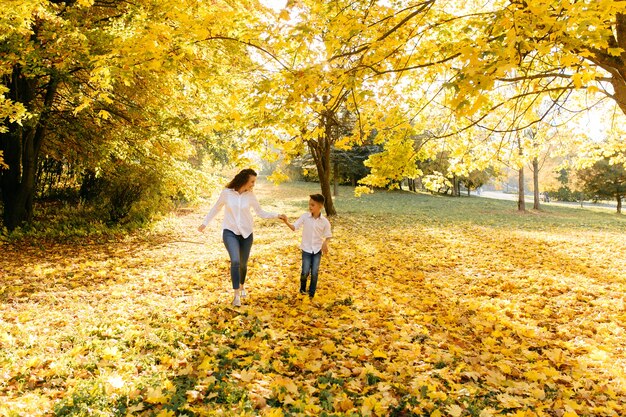 Mother and son spend time outdoors in the park