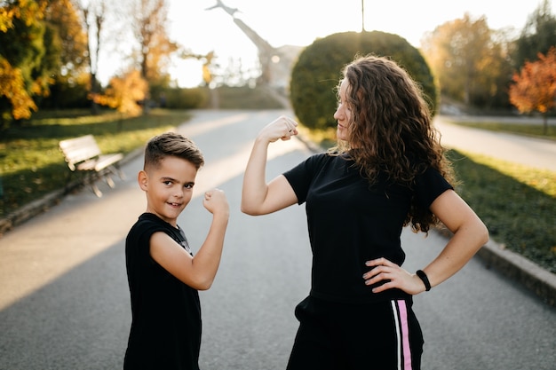 Mother and son spend time outdoors in the park