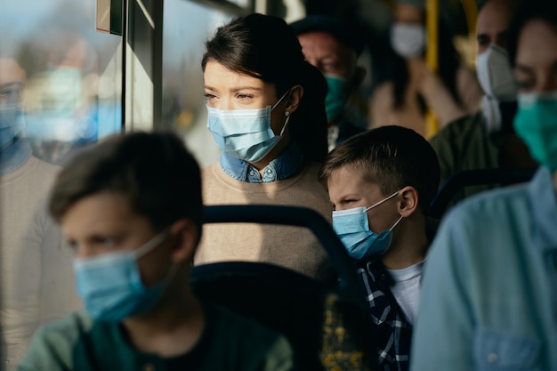 Mother And Son Wearing Face Masks While Traveling By Public Transport